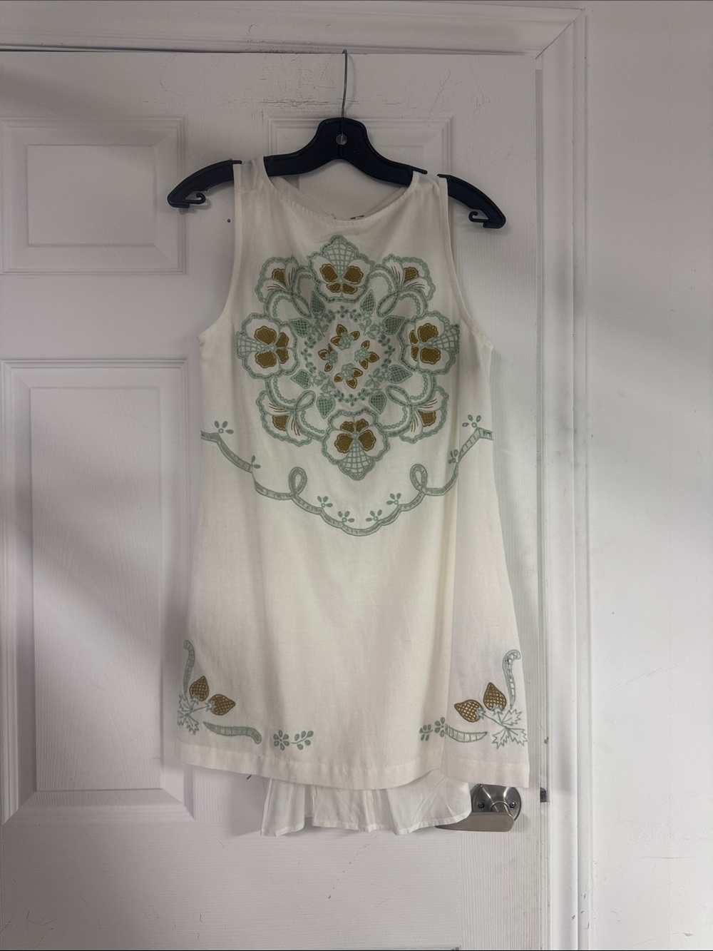 Free People Cream Sleeveless Embroidered Mini Dress with Sage and Gold Accents